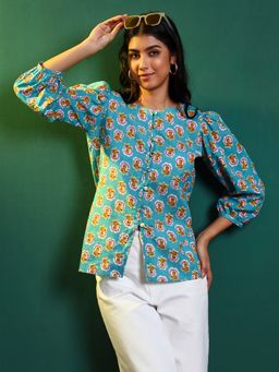 SALVIA SKY - Blue Cotton Floral Puff Sleeve Top