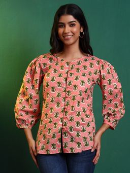 SALVIA SKY - Peach Cotton Floral Puff Sleeve Top