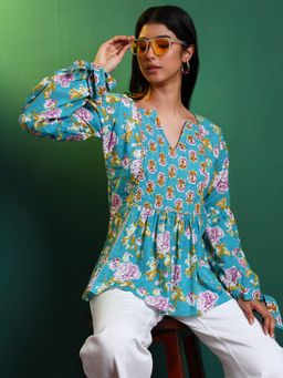 SALVIA SKY - Blue Cotton Floral Contrast Yoke Tunic Top