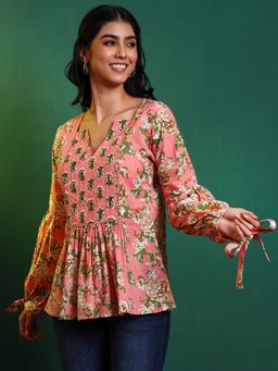 SALVIA SKY - Peach Cotton Floral Contrast Yoke Tunic Top