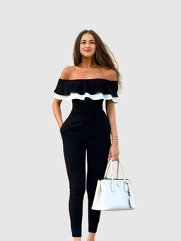 Outzidr - Off Shoulder Flounce Black Jumpsuit