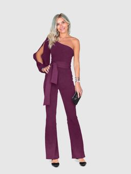 Outzidr - Solid Purple One Shoulder Jumpsuit with Belt