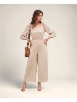Outzidr - Cream Wide Leg With Smocking Detail Jumpsuit
