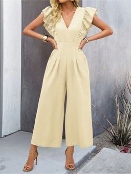 Outzidr - Cream Wide Leg With Ruffle Detail Jumpsuit