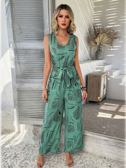 Outzidr - Olive Abstract Printed Tie Up Jumpsuit with Belt