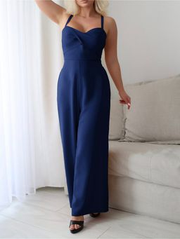 Outzidr - Navy Blue Halter Neck Sweetheart Jumpsuit