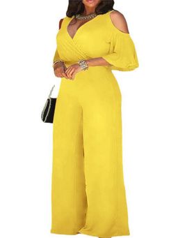 Outzidr - Yellow Cold Shoulder V Neck Jumpsuit