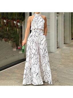 Outzidr - White Halter Neck Wide Leg Jumpsuit