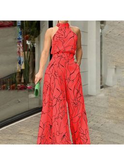 Outzidr - Red Halter Neck Wide Leg Jumpsuit