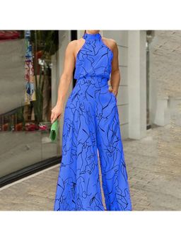 Outzidr - Blue Halter Neck Wide Leg Jumpsuit