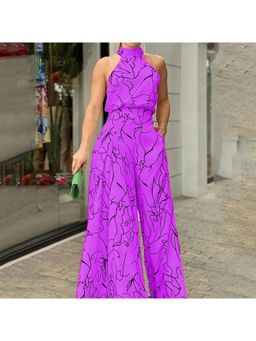 Outzidr - Purple Halter Neck Wide Leg Jumpsuit