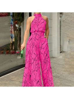 Outzidr - Pink Halter Neck Wide Leg Jumpsuit