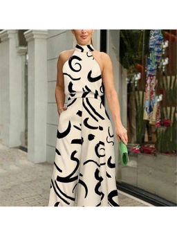 Outzidr - Beige Halter Neck Wide Leg Jumpsuit