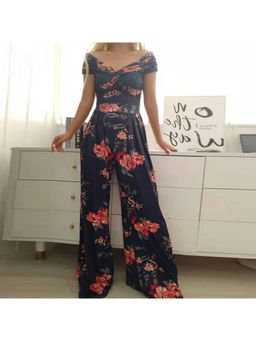 Outzidr - Blue Floral Printed Wide Leg Jumpsuit