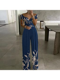 Outzidr - Blue Printed Wide Leg Jumpsuit