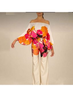 Outzidr - White Off Shoulder Floral Printed Jumpsuit