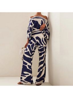 Outzidr - Blue Off Shoulder Abstract Printed Jumpsuit