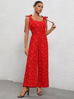 Outzidr - Red Tie Up Embroidered Jumpsuit