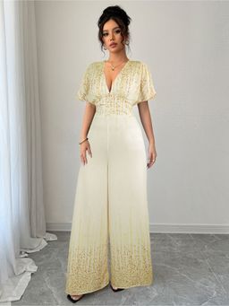 Outzidr - Cream Plunging Neck Cinched Waist Jumpsuit