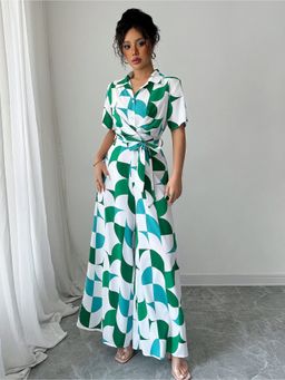 Outzidr - Green Abstract Printed Half Sleeve Jumpsuits with Belt