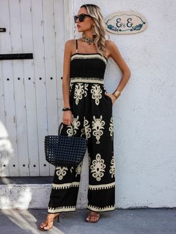 Outzidr - Black Strappy Printed Wide Leg Jumpsuit