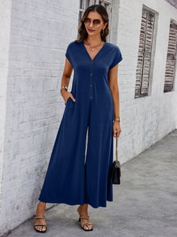 Outzidr - Navy Blue V Neck Flowy Jumpsuit