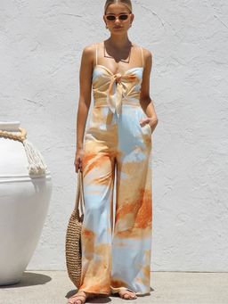 Outzidr - Multi Color Abstract Printed Spaghetti Strap Front Knot Jumpsuit