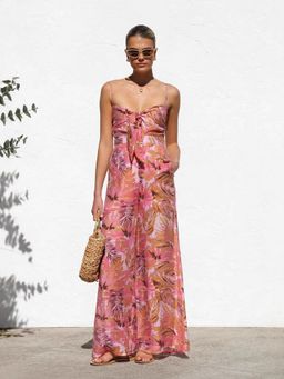 Outzidr - Pink Printed Spaghetti Strap Front Knot Jumpsuit