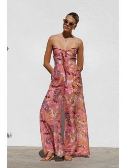Outzidr - Pink Abstract Printed Spaghetti Strap Front Knot Jumpsuit