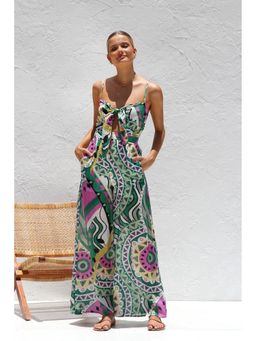 Outzidr - Green Abstract Printed Spaghetti Strap Front Knot Jumpsuit