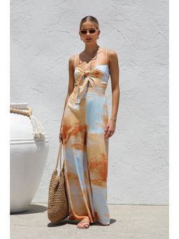 Outzidr - Orange Abstract Printed Spaghetti Strap Front Knot Jumpsuit