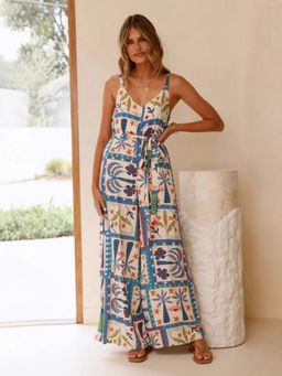 Outzidr - Multicolor Shoulder Strap Abstract Printed Jumpsuit with Belt