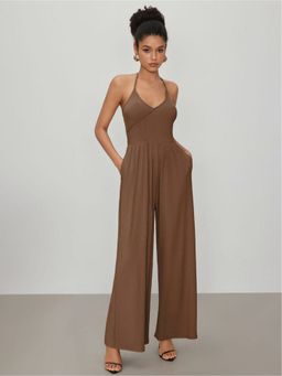 Outzidr - Brown Halter Neck Jumpsuit