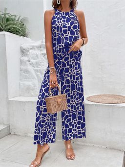 Outzidr - Blue Printed Sleeveless Jumpsuit