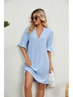 Outzidr - Blue Solid Knee Length Dress