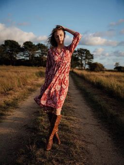Outzidr - Red Floral Knee Length Dress
