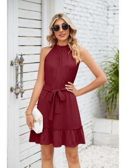 Outzidr - Women Maroon Solid Mini Dress with Belt