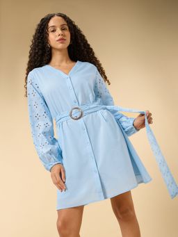 Outzidr - Women Blue Self Design Mini Dress