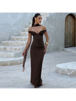Outzidr - Brown Solid Maxi Dress