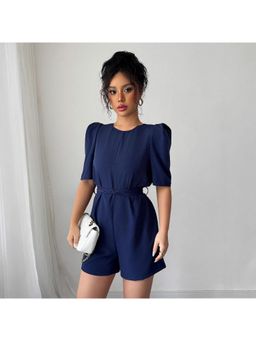 Outzidr - Navy Blue Solid High Neck Playsuit with Belt