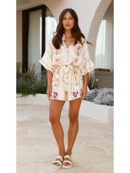 Outzidr - Cream Floral Printed Collared Playsuit with Belt