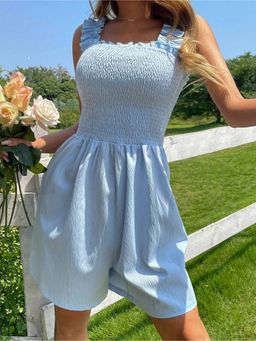 Outzidr - Blue Sleeveless Smocking Detail Playsuit