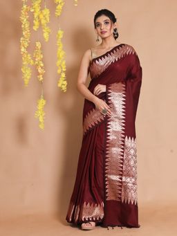 CHARUKRITI - Maroon Silk Handwoven Zari Designs & Patterns Saree with Unstitched Blouse