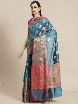 Banarasi Silk Works - Peacock Blue Booti Art Silk Meena Skirt Paithani Saree with Unstitched Blouse