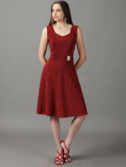 SHOWOFFFF - Womens Fit & Flare Red Embellished Knee Length Dress
