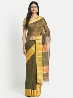Fabindia - Green Cotton Silk Maheshwari Woven Saree without Blouse