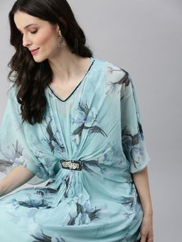 SHOWOFF - Womens Midi Floral Blue V-neck Kaftan Dress