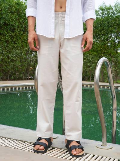 Natural Beige Solid Linen Trouser