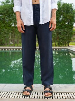 Perch - Navy Blue Beige Solid Linen Trouser