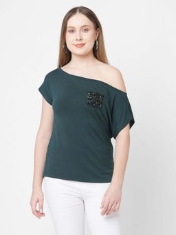 MISH - Green Drop Shoulder Embellished Pocket T-Shirt